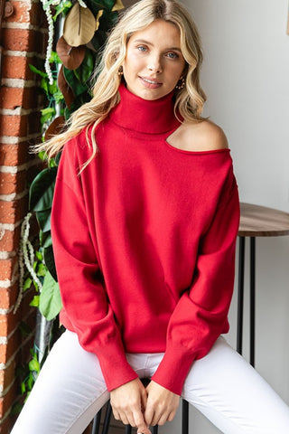 First Love Cut Out Shoulder Turtleneck Sweater Trendsi