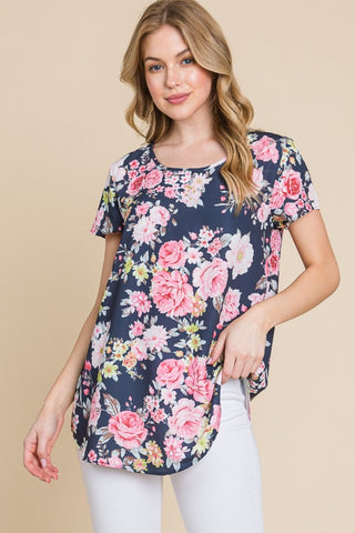 BOMBOM Floral Round Neck Short Sleeve T-Shirt Trendsi