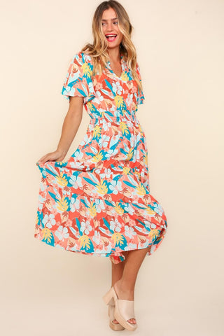 Haptics Full Size Tropical Floral Tiered Dress with Side Pockets Trendsi