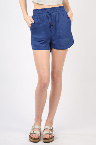 VERY J Drawstring Elastic Waist Linen Shorts Trendsi