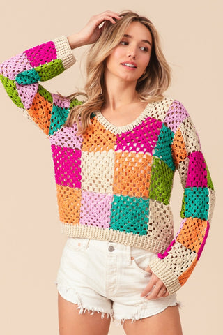 BiBi Multi Color Checkered Long Sleeve Knit Top Trendsi