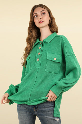 VERY J Collared Half Button Knit Top with Pockets Trendsi