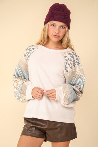 VERY J Printed Long Sleeve Round Neck Knit Top Trendsi