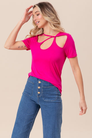 BiBi Cutout Asymmetrical Neck Short Sleeve T-Shirt Trendsi