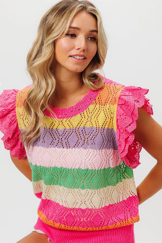 BiBi Pointelle Striped Ruffled Knit Top Trendsi