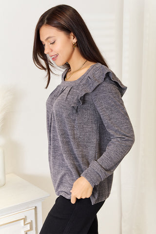 Double Take Square Neck Ruffle Shoulder Long Sleeve T-Shirt Trendsi