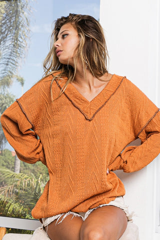 BiBi Textured Exposed Seam Drop Shoulder Knit Top Trendsi