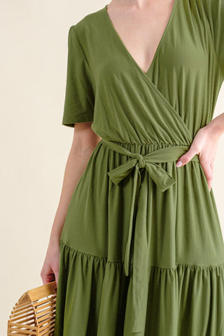 And The Why Soft Short Sleeve Tiered Midi Dress Trendsi