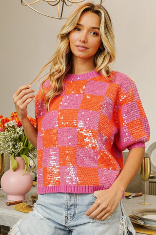 BiBi Checkered Short Sleeve Sequin Sweater Trendsi