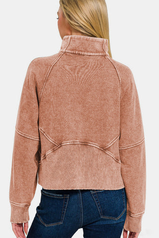 Zenana Acid Washed Half Zip Fleece Sweatshirt Trendsi