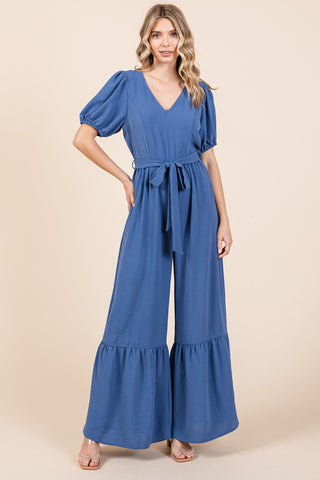 GeeGee Full Size V-Neck Belted Wide Leg Jumpsuit Trendsi