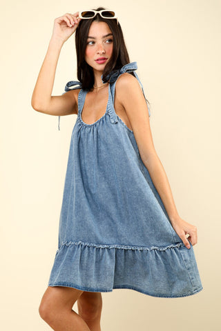 VERY J Shoulder Tie Washed Denim Mini Dress Trendsi