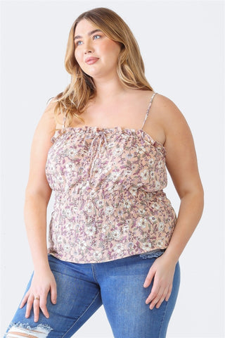 Zenobia Plus Size Frill Floral Square Neck Cami Trendsi