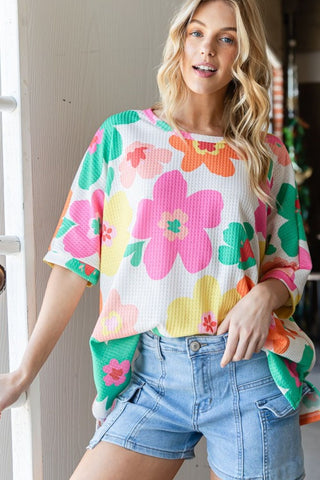 HOPELY Floral Waffle Oversize T-Shirt Trendsi