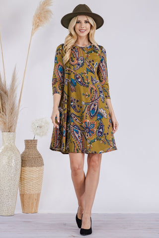 Celeste Full Size Paisley Print Round Neck Dress with Pockets Trendsi