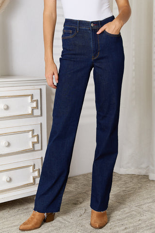 Judy Blue Full Size Raw Hem Straight Leg Jeans with Pockets Trendsi