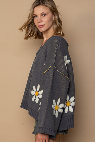 POL V-Neck Floral Pattern Chenille Sweater Trendsi