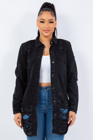 American Bazi Distressed Button Up Long Sleeve Denim Jacket Trendsi