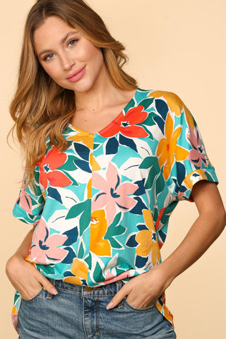 Haptics Printed V-Neck Short Sleeve Top Trendsi