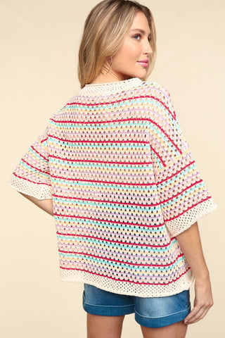 Haptics Striped Crochet Drop Shoulder Knit Top Trendsi