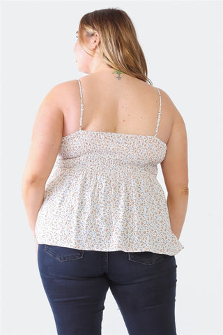 Zenobia Plus Size Frill Smocked Floral Sweetheart Neck Cami Trendsi