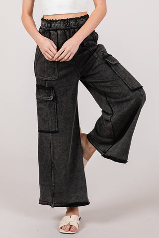 SAGE + FIG Knit Terry Mineral Wash Wide Leg Pants Trendsi