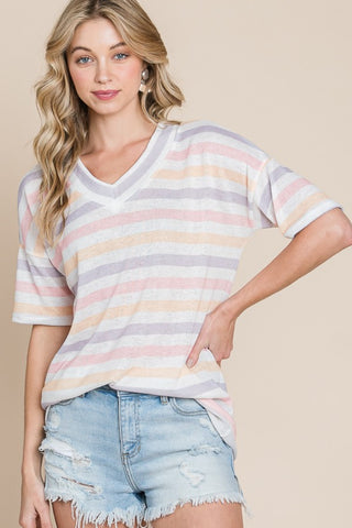 BOMBOM Striped V-Neck Short Sleeve T-Shirt Trendsi