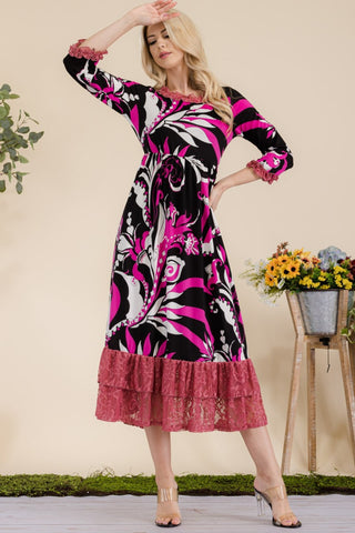 Celeste Full Size Paisley Print Lace Ruffled Midi Dress Trendsi