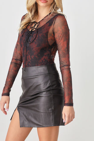 HERA COLLECTION Abstract Mesh Lace-Up Long Sleeve Bodysuit Trendsi