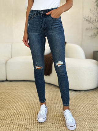 Judy Blue Full Size Mid Waist Distressed Slim Jeans Trendsi