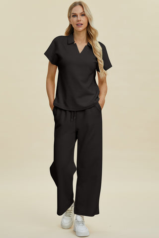 Double Take Full Size Collared Neck Short Sleeve Top and Pants Set Trendsi