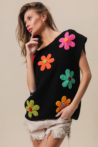 BiBi Flower Round Neck Cap Sleeve Knit Top Trendsi