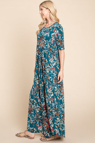 BOMBOM Printed Shirred Maxi Dress Trendsi