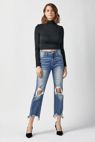 RISEN High Waist Distressed Frayed Hem Cropped Straight Jeans Trendsi