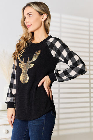 Heimish Full Size Sequin Reindeer Graphic Plaid Top Trendsi