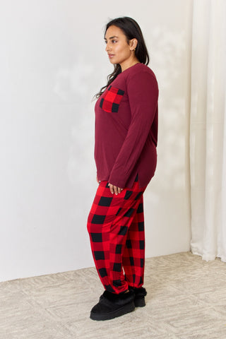 Zenana Full Size Plaid Round Neck Top and Pants Pajama Set Trendsi