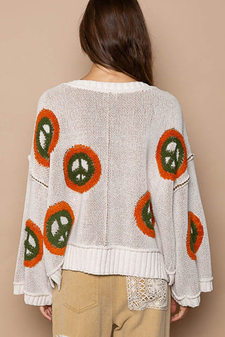 POL V Neck Long Sleeve Peace Pattern Sweater Trendsi