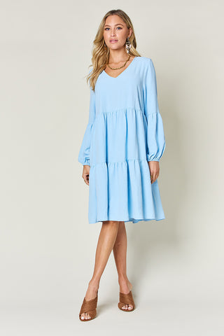 Double Take Full Size V-Neck Balloon Sleeve Tiered Dress with Pockets Trendsi