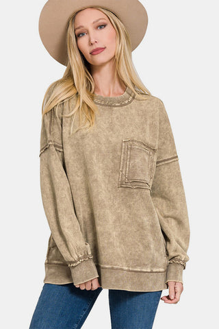 Zenana Exposed Seam Round Neck Dropped Shoulder Sweatshirt Trendsi