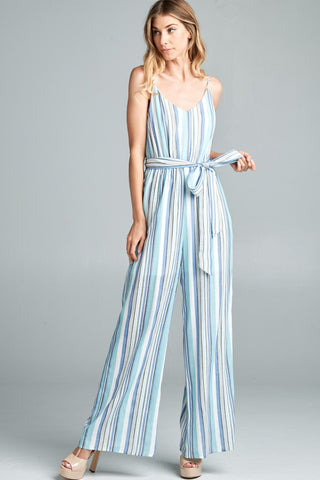 Cotton Bleu by Nu Label Tie Front Striped Sleeveless Jumpsuit Trendsi