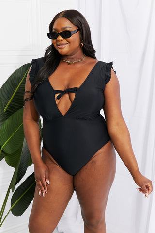 Marina West Swim Seashell Ruffle Sleeve One-Piece in Black Trendsi