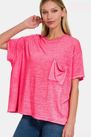 Zenana Pocketed Round Neck Dropped Shoulder T-Shirt Trendsi