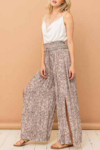 And The Why Printed Smocked Waist Slit Wide Leg Pants Trendsi