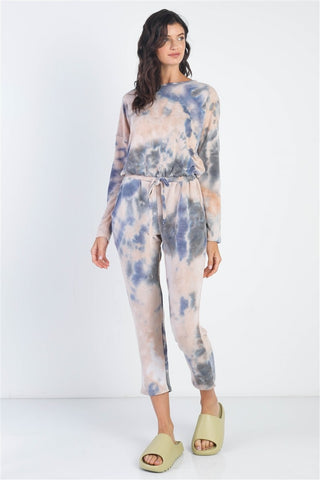 Cherish Apparel Tie-Dye Round Neck Long Sleeve Jumpsuit Trendsi