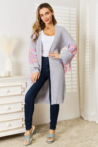 Woven Right Fringe Sleeve Dropped Shoulder Cardigan Trendsi