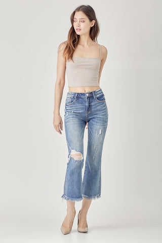 RISEN High Waist Distressed Cropped Bootcut Jeans Trendsi