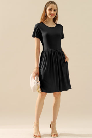 Ninexis Full Size Round Neck Ruched Dress with Pockets Trendsi