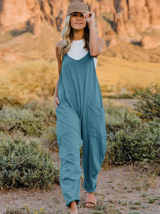 Double Take Full Size V-Neck Sleeveless Jumpsuit with Pockets Trendsi