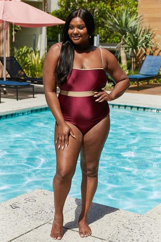 Marina West Swim Wave Break Contrast Trim One-Piece in Wine Trendsi