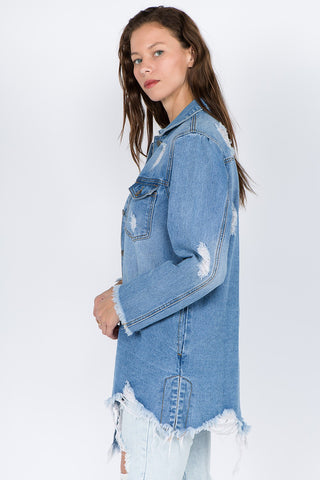 American Bazi Distressed Frayed Hem Denim Jacket Trendsi